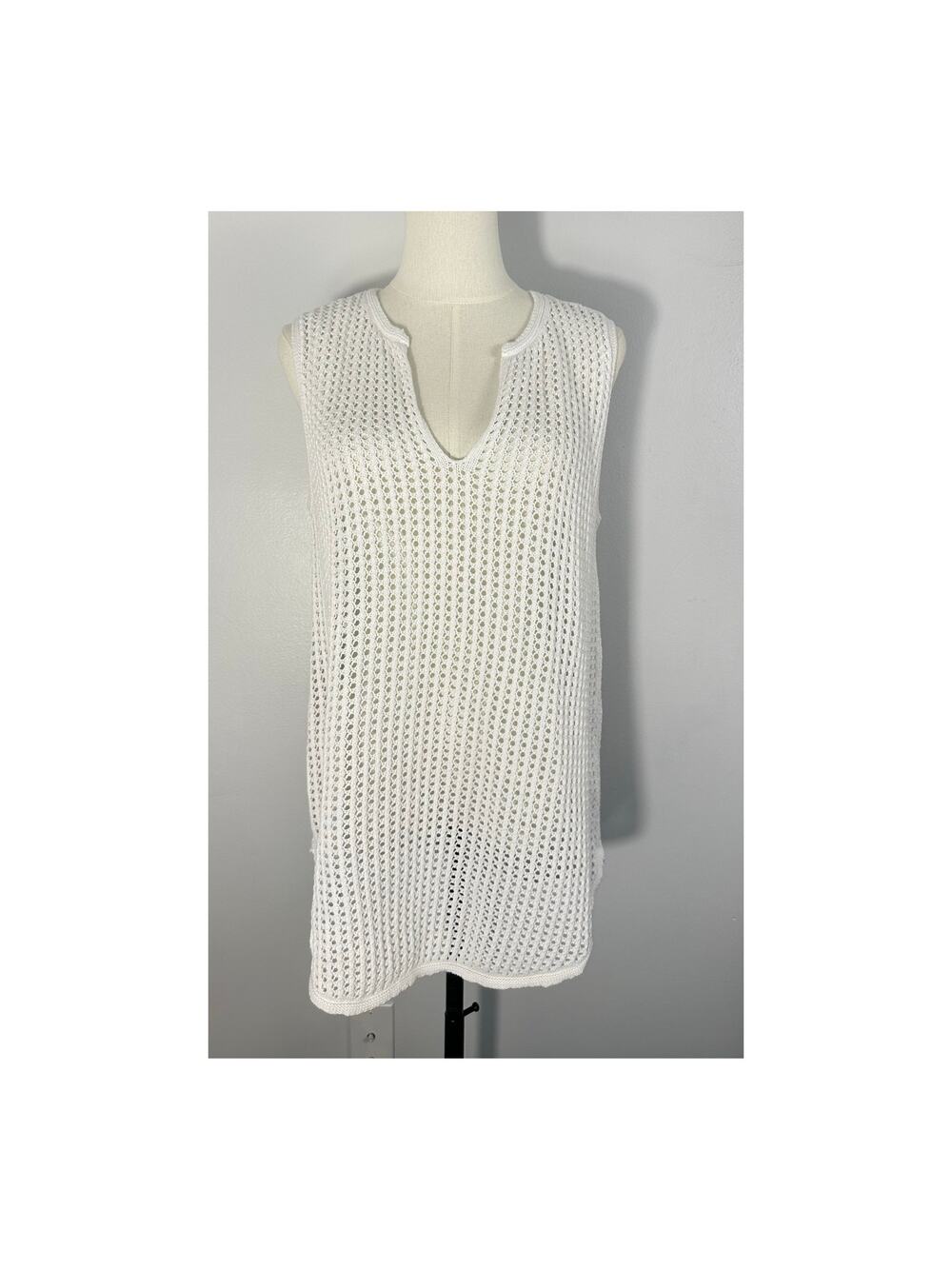 Vintage Jeanne Pierre White Crochet Knit Top Y2K Open Mesh Tank L Cover Up Boho